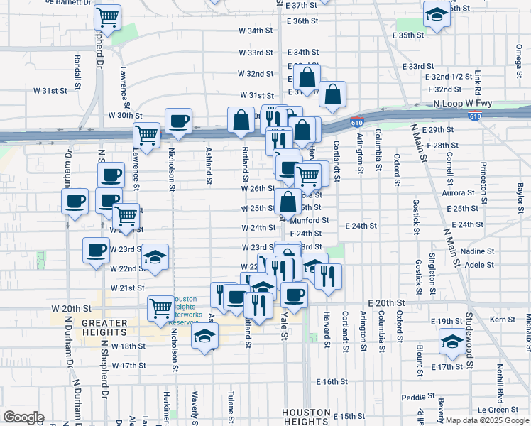 map of restaurants, bars, coffee shops, grocery stores, and more near 226 West 25th Street in Houston