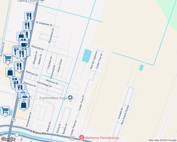 map of restaurants, bars, coffee shops, grocery stores, and more near 311 Rue De Cypress in Thibodaux