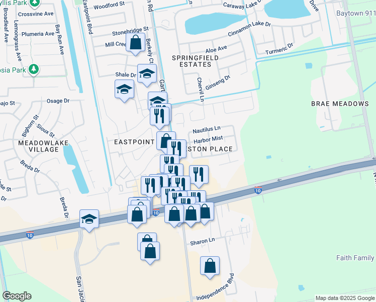 map of restaurants, bars, coffee shops, grocery stores, and more near 7503 Roseshire Lane in Baytown