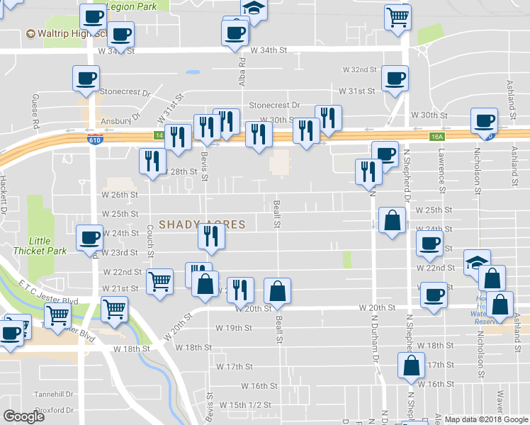 map of restaurants, bars, coffee shops, grocery stores, and more near 1127 West 25th Street in Houston