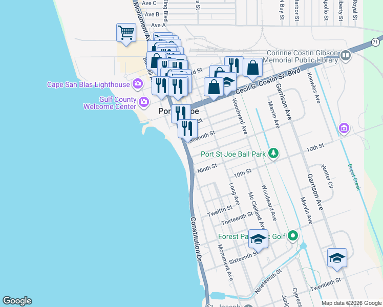 map of restaurants, bars, coffee shops, grocery stores, and more near 701 Monument Avenue in Port Saint Joe