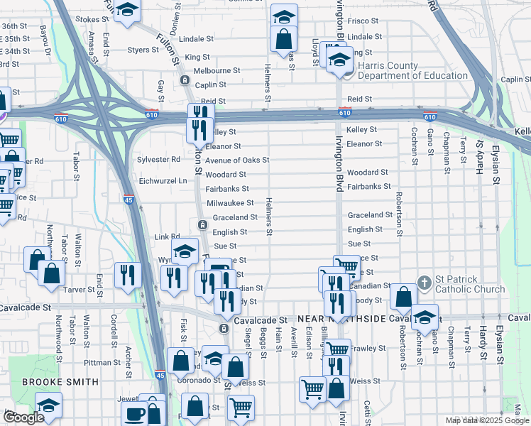 map of restaurants, bars, coffee shops, grocery stores, and more near 417 Milwaukee Street in Houston