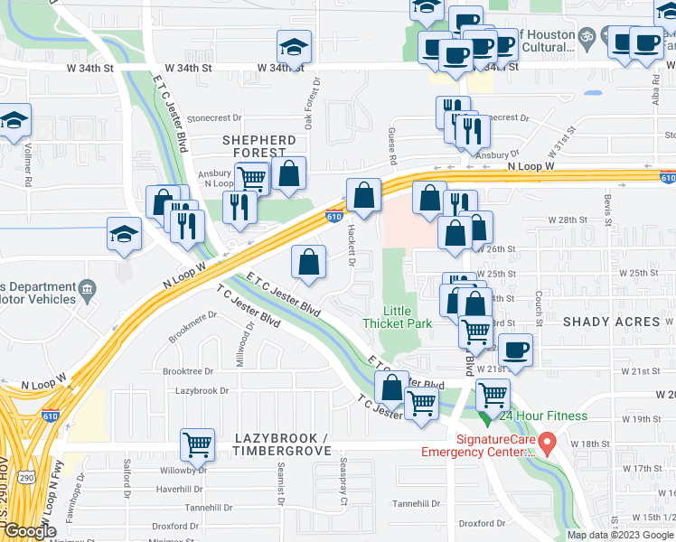 map of restaurants, bars, coffee shops, grocery stores, and more near 2600 Pinegate in Houston