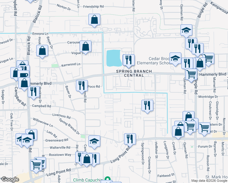 map of restaurants, bars, coffee shops, grocery stores, and more near 2028 Laverne Street in Houston