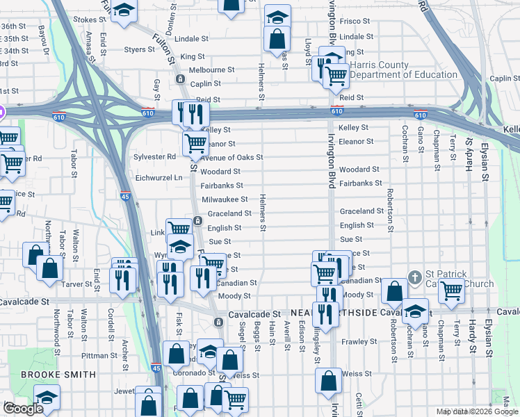 map of restaurants, bars, coffee shops, grocery stores, and more near 417 Milwaukee Street in Houston