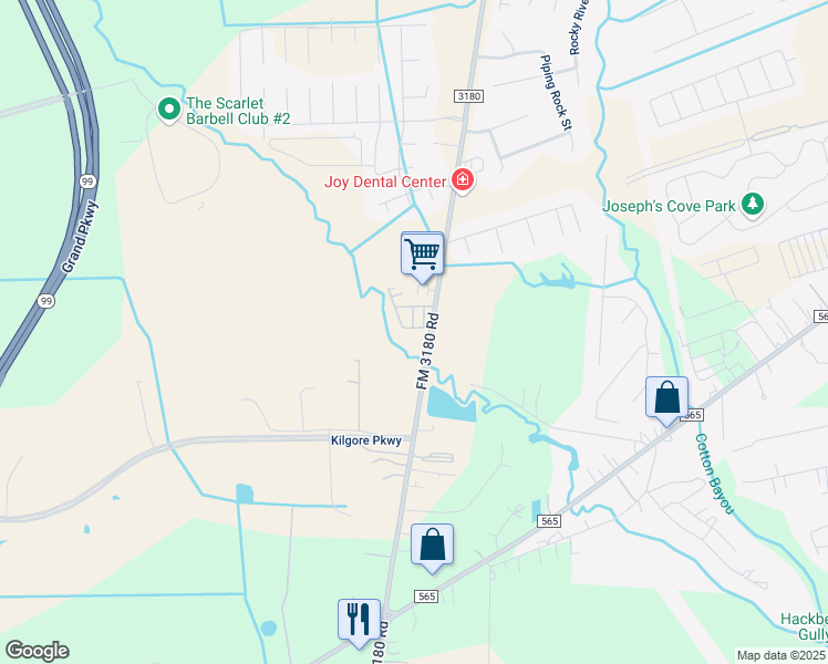 map of restaurants, bars, coffee shops, grocery stores, and more near 7711 FM 3180 Road in Baytown
