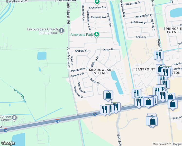 map of restaurants, bars, coffee shops, grocery stores, and more near 7623 Bighorn Street in Baytown