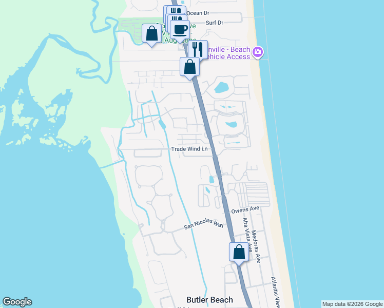 map of restaurants, bars, coffee shops, grocery stores, and more near 232 Trade Wind Lane in St. Augustine