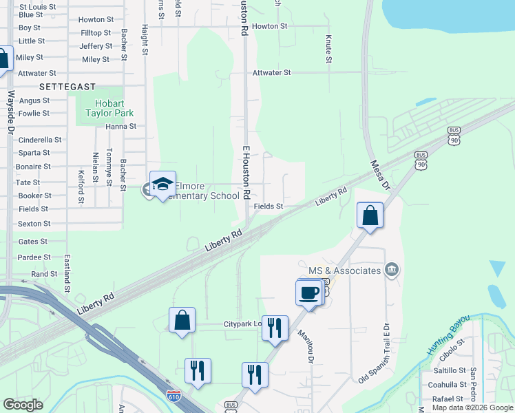 map of restaurants, bars, coffee shops, grocery stores, and more near 5312 East Houston Road in Houston