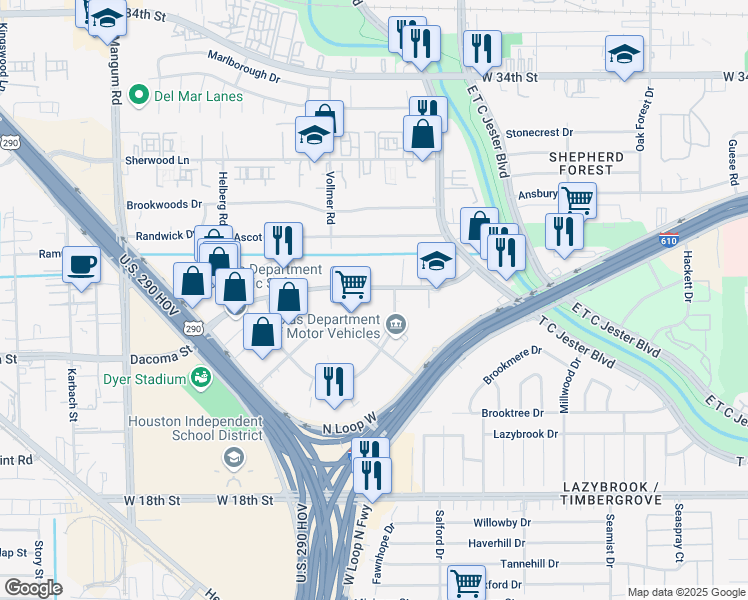 map of restaurants, bars, coffee shops, grocery stores, and more near 3825 Dacoma Street in Houston