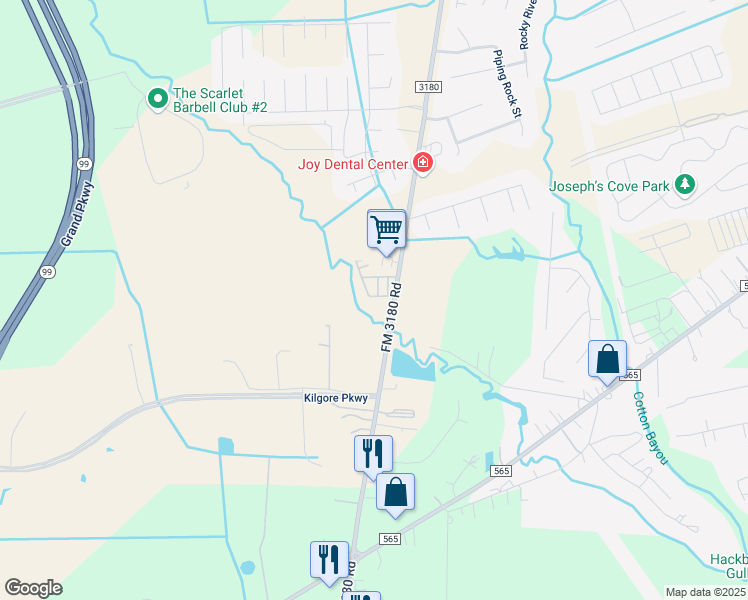 map of restaurants, bars, coffee shops, grocery stores, and more near 7711 FM 3180 Road in Baytown
