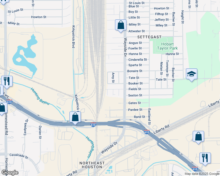 map of restaurants, bars, coffee shops, grocery stores, and more near 7807 Booker Street in Houston