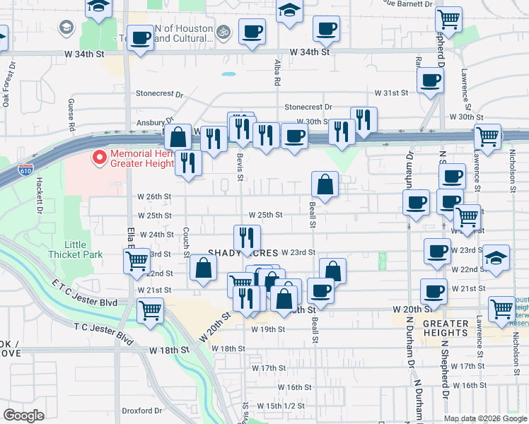 map of restaurants, bars, coffee shops, grocery stores, and more near 1228 West 26th Street in Houston