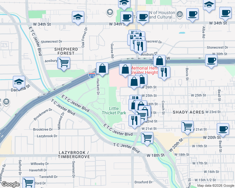map of restaurants, bars, coffee shops, grocery stores, and more near 1804 West 26th Street in Houston