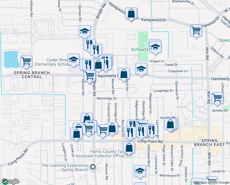 map of restaurants, bars, coffee shops, grocery stores, and more near 8522 Ridgepoint Drive in Houston