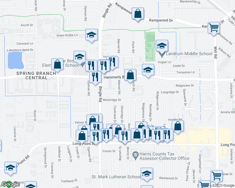 map of restaurants, bars, coffee shops, grocery stores, and more near 8550 Ridgepoint Drive in Houston