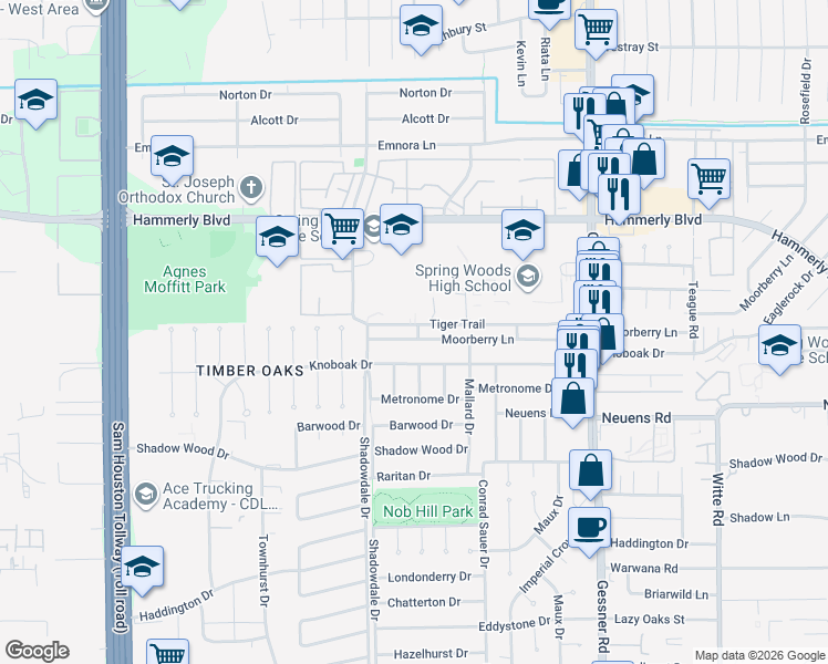 map of restaurants, bars, coffee shops, grocery stores, and more near 10406 Tiger Trail in Houston