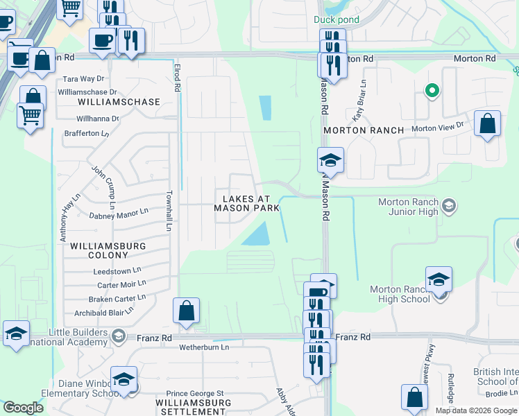 map of restaurants, bars, coffee shops, grocery stores, and more near 2422 Seahorse Bend Drive in Katy