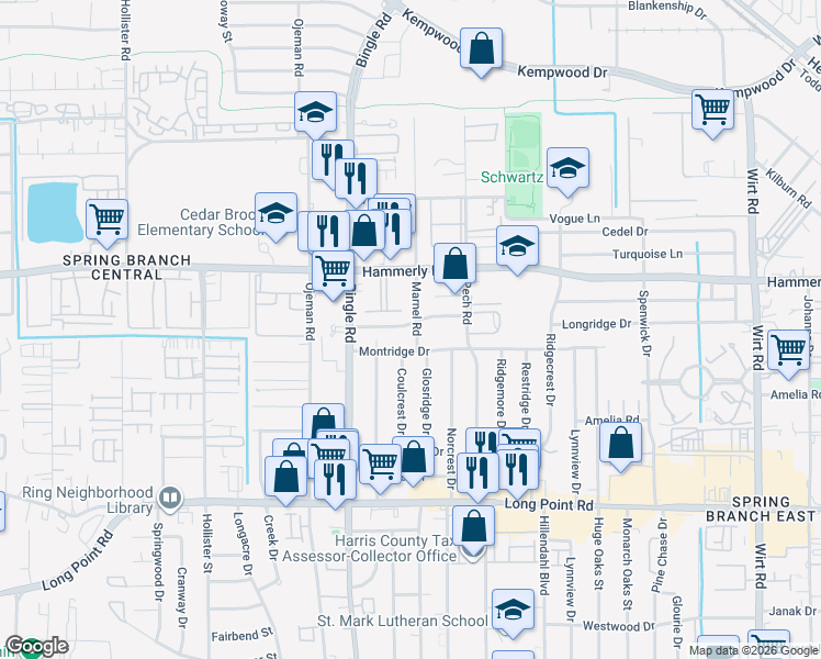 map of restaurants, bars, coffee shops, grocery stores, and more near 8550 Ridgepoint Drive in Houston