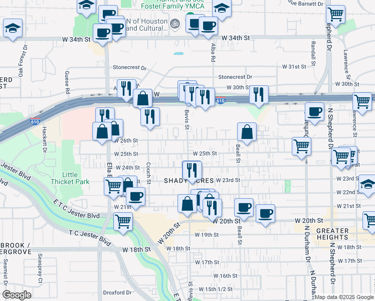 map of restaurants, bars, coffee shops, grocery stores, and more near 2523 Bevis Street in Houston