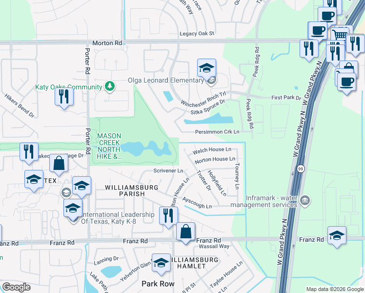 map of restaurants, bars, coffee shops, grocery stores, and more near 2543 Trotter Drive in Katy
