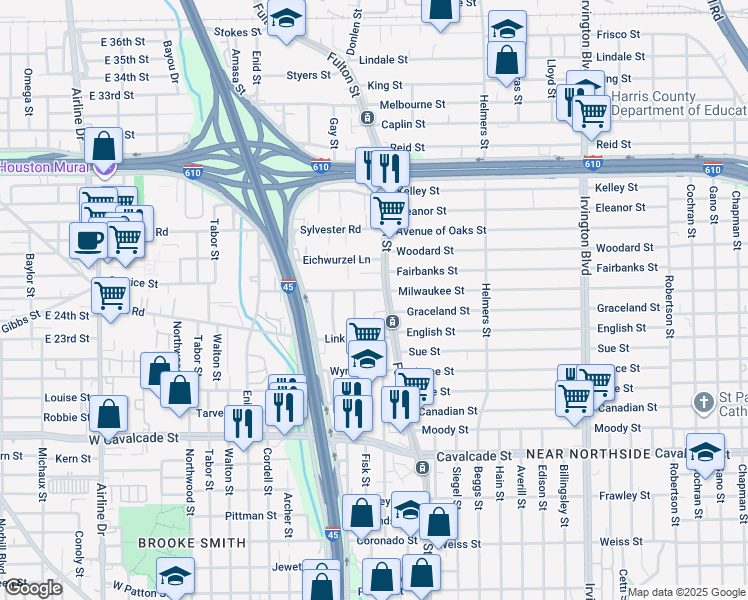 map of restaurants, bars, coffee shops, grocery stores, and more near 102 Robert Lee Road in Houston