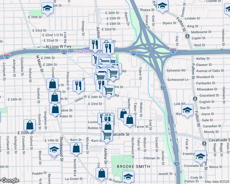 map of restaurants, bars, coffee shops, grocery stores, and more near 2420 Eastman Street in Houston