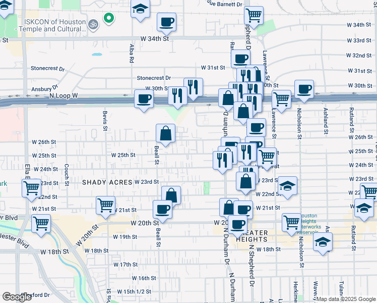 map of restaurants, bars, coffee shops, grocery stores, and more near 2535 Brinkman Street in Houston