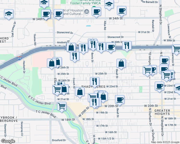 map of restaurants, bars, coffee shops, grocery stores, and more near 2534 Bevis Street in Houston