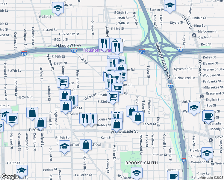 map of restaurants, bars, coffee shops, grocery stores, and more near 2503 Airline Drive in Houston