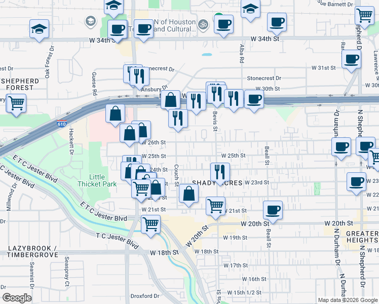 map of restaurants, bars, coffee shops, grocery stores, and more near 1432 West 26th Street in Houston