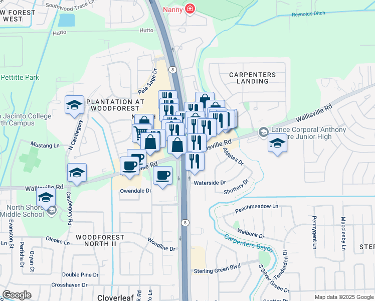 map of restaurants, bars, coffee shops, grocery stores, and more near Sam Houston Parkway in Houston