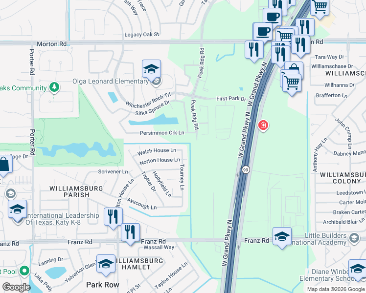 map of restaurants, bars, coffee shops, grocery stores, and more near 23702 Welch House Lane in Katy