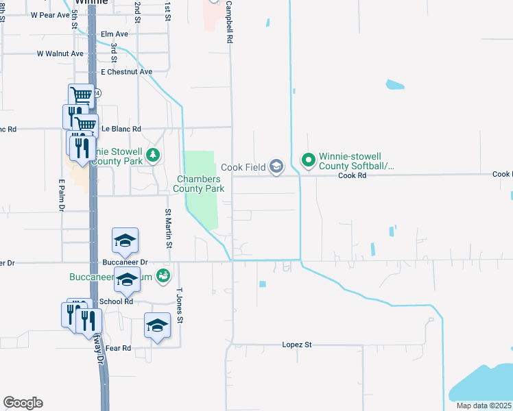 map of restaurants, bars, coffee shops, grocery stores, and more near 636 Carolyn Street in Winnie