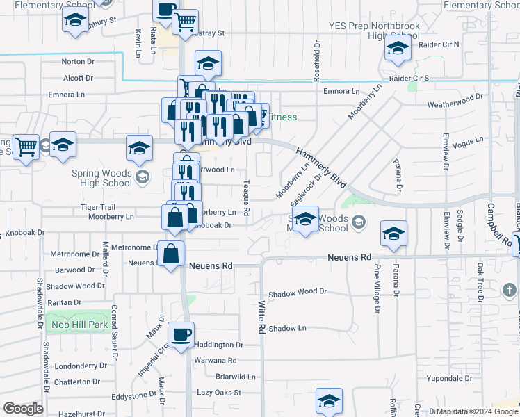 map of restaurants, bars, coffee shops, grocery stores, and more near 10011 Knoboak Drive in Houston