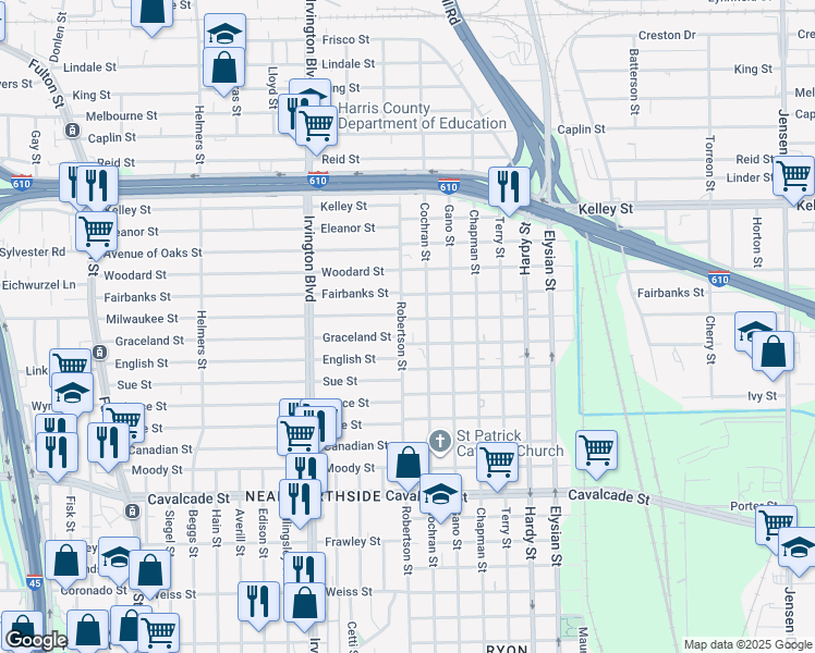 map of restaurants, bars, coffee shops, grocery stores, and more near 1001 Milwaukee Street in Houston