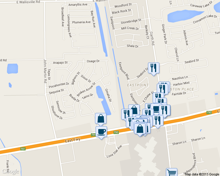 map of restaurants, bars, coffee shops, grocery stores, and more near 4711 Makah Circle in Baytown