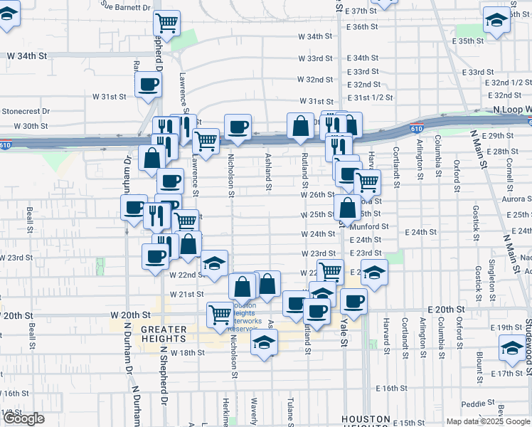 map of restaurants, bars, coffee shops, grocery stores, and more near 401 West 25th Street in Houston