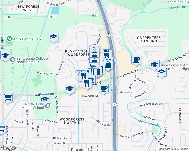 map of restaurants, bars, coffee shops, grocery stores, and more near 15410 Banter Trails Court in Houston
