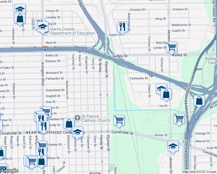 map of restaurants, bars, coffee shops, grocery stores, and more near 5501 Elysian Street in Houston