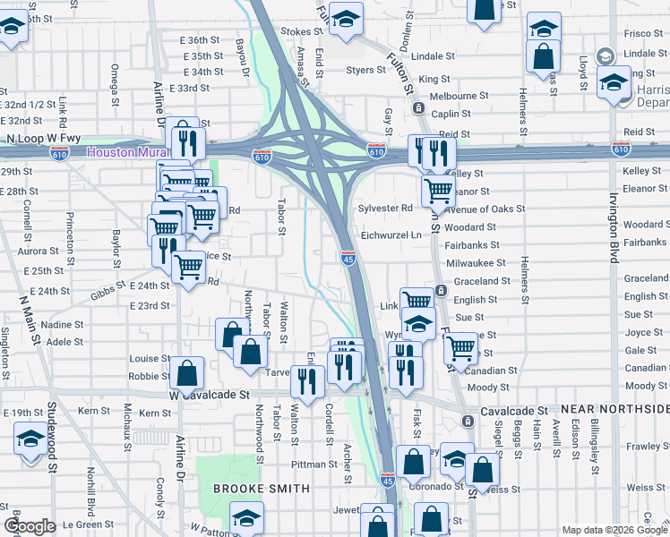 map of restaurants, bars, coffee shops, grocery stores, and more near 406 Robert Lee Road in Houston
