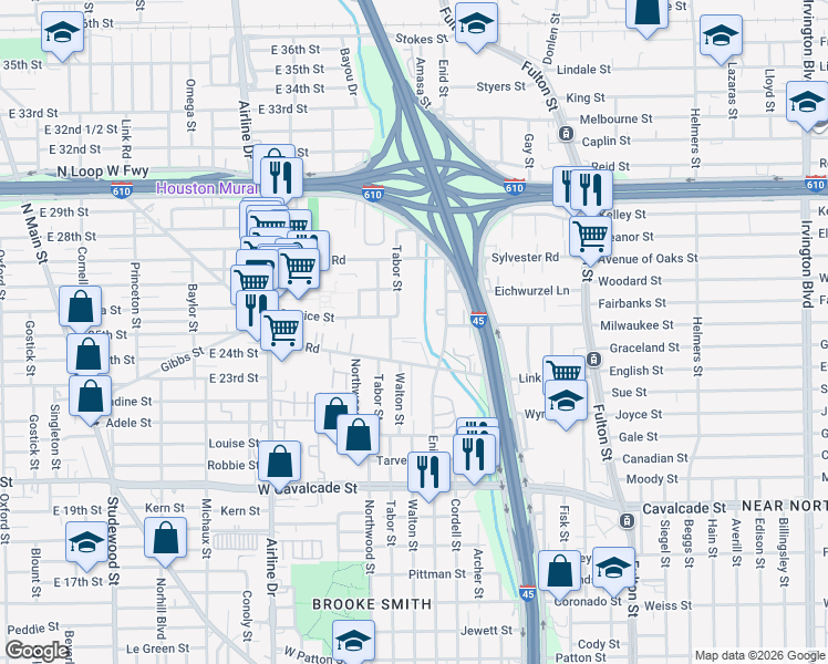 map of restaurants, bars, coffee shops, grocery stores, and more near 5603 Enid Street in Houston