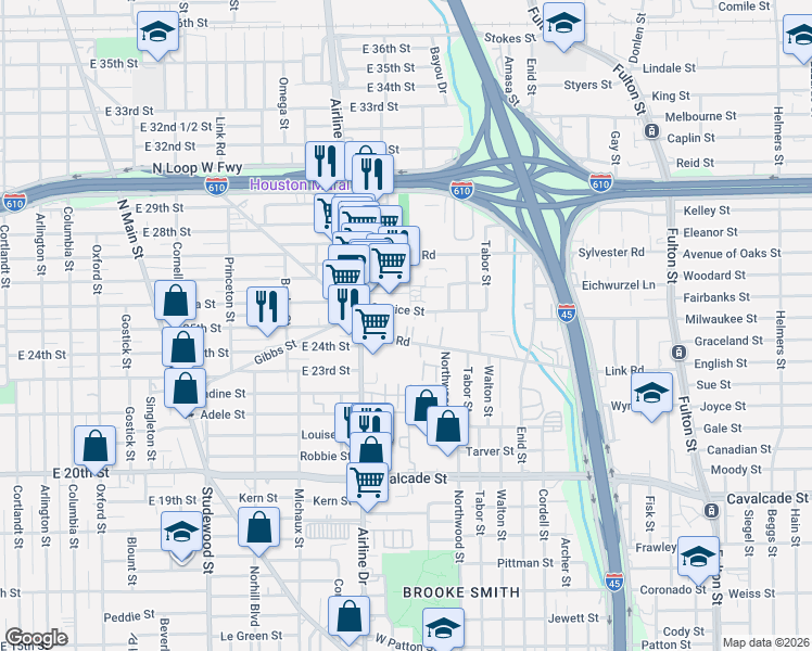 map of restaurants, bars, coffee shops, grocery stores, and more near 2420 Eastman Street in Houston