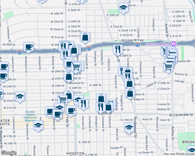 map of restaurants, bars, coffee shops, grocery stores, and more near 414 Aurora Street in Houston