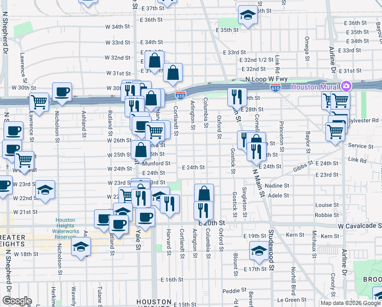 map of restaurants, bars, coffee shops, grocery stores, and more near 314 Aurora Street in Houston