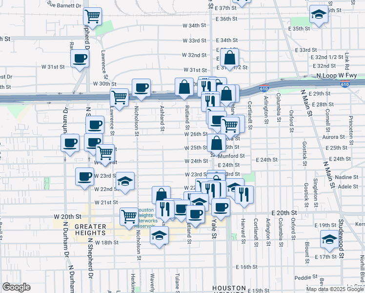 map of restaurants, bars, coffee shops, grocery stores, and more near 2515 Rutland Street in Houston