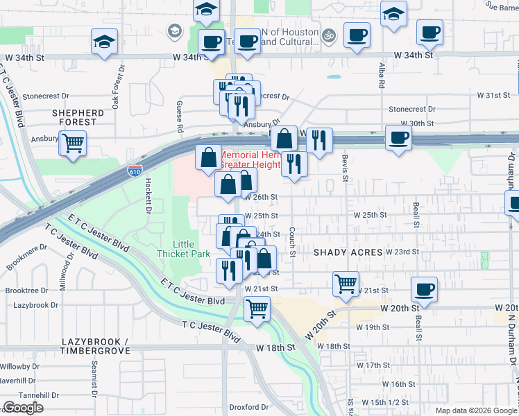 map of restaurants, bars, coffee shops, grocery stores, and more near 2510 Ella Boulevard in Houston