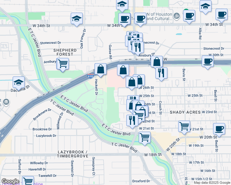map of restaurants, bars, coffee shops, grocery stores, and more near 1804 West 26th Street in Houston