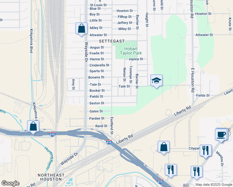 map of restaurants, bars, coffee shops, grocery stores, and more near 5310 Kelford Street in Houston