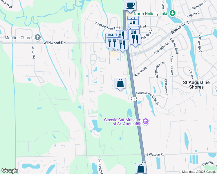 map of restaurants, bars, coffee shops, grocery stores, and more near 200 Mariner Health Way in St. Augustine